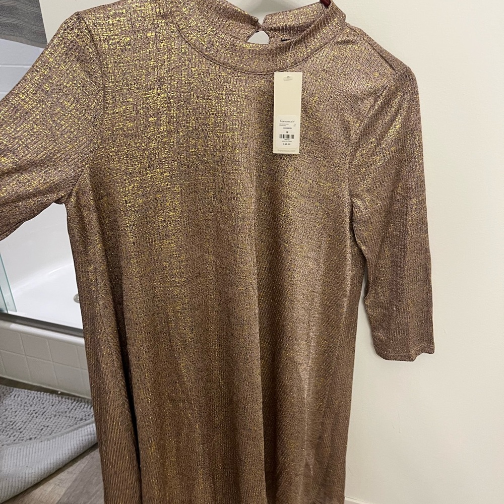 Trixxi Gold Sheath Dress with Mock Neck and 3/4 Sleeves